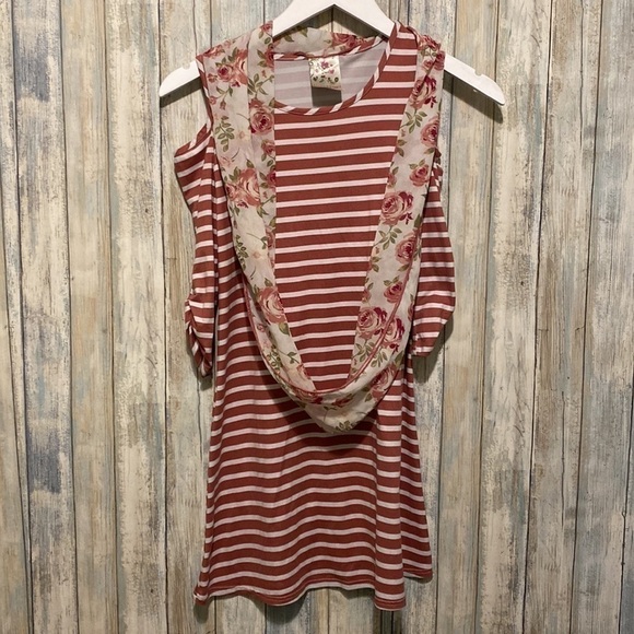 Jenna & Jessie | Girls Off the shoulder scarf attached floral striped dress - Picture 1 of 9